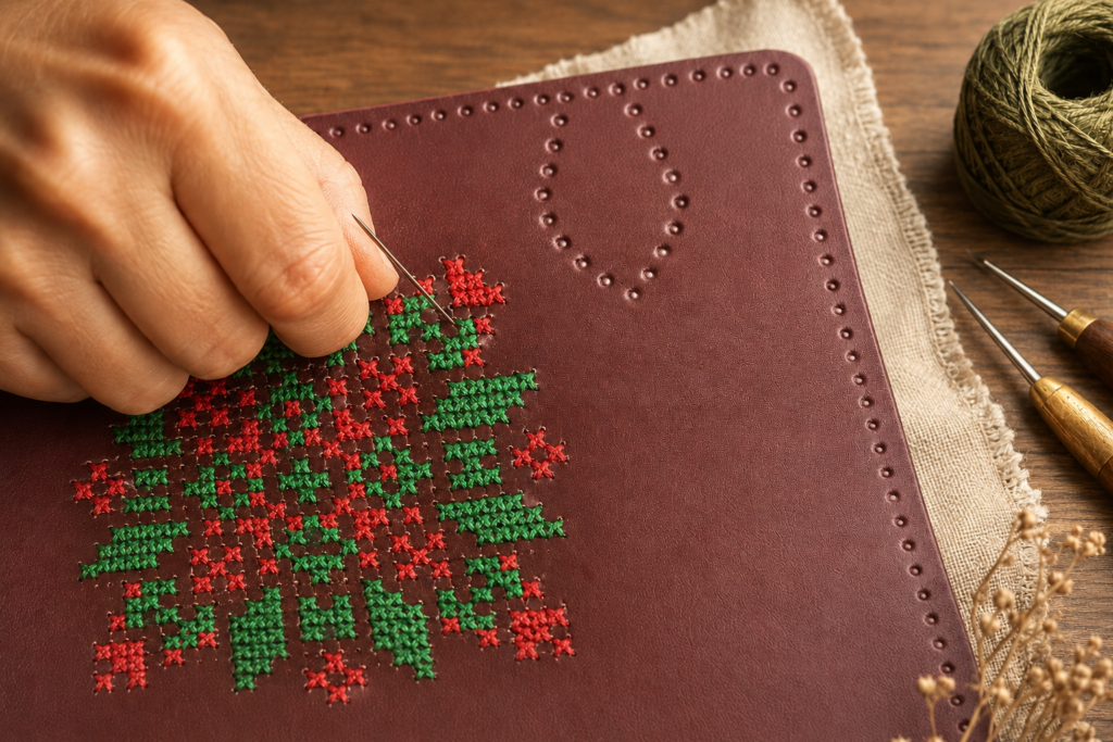 Hand embroidery on Italian leather for a MIARUNA handmade bag