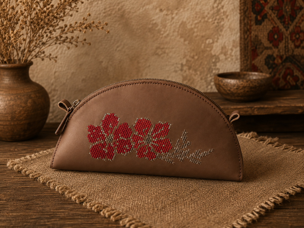 Close-up of meaningful Ukrainian embroidery hand-stitched on Italian leather by MIARUNA