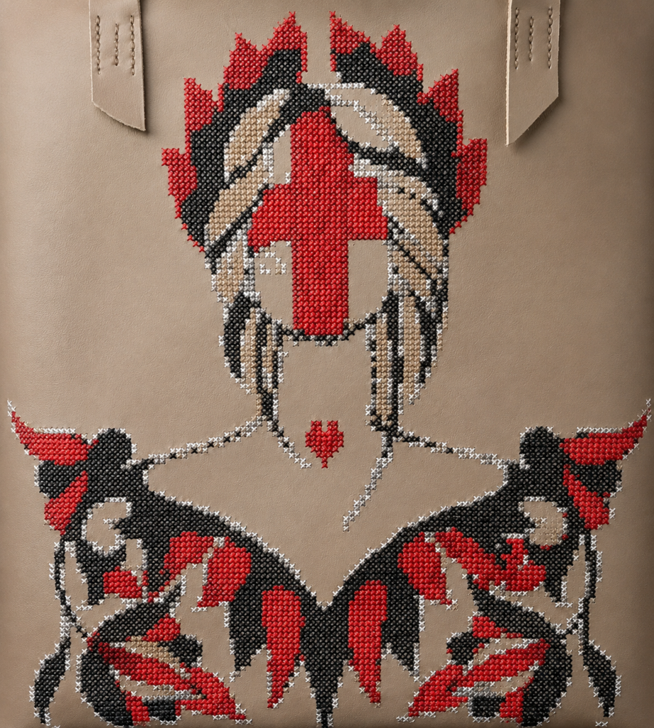 Ukrainian Motanka symbol hand-embroidered on leather by MIARUNA