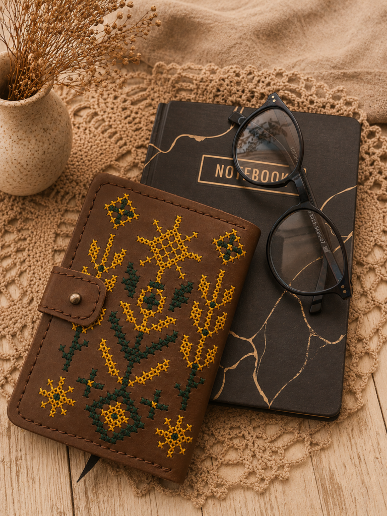 Handcrafted Italian leather wallet with Ukrainian embroidery by MIARUNA