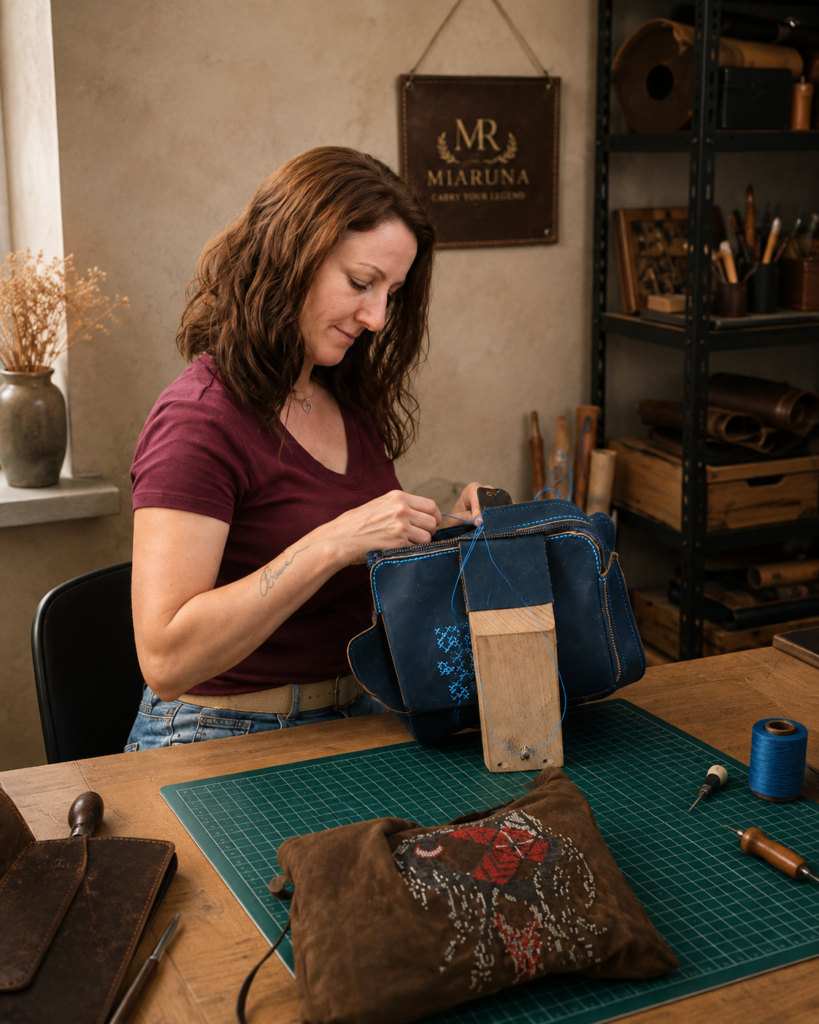 Viktoriia Savchenko, founder and maker of MIARUNA, handcrafting a leather bag in her workshop.