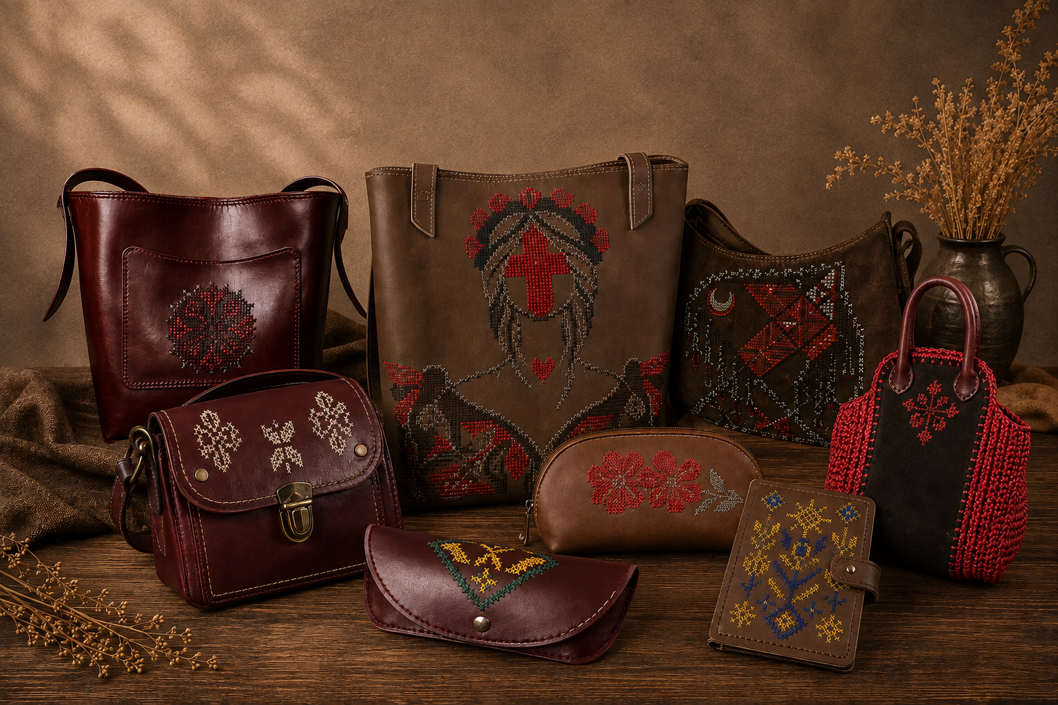 Collection of handcrafted MIARUNA leather bags and accessories with hand embroidery, displayed on a wooden table in a warm artisan interior.